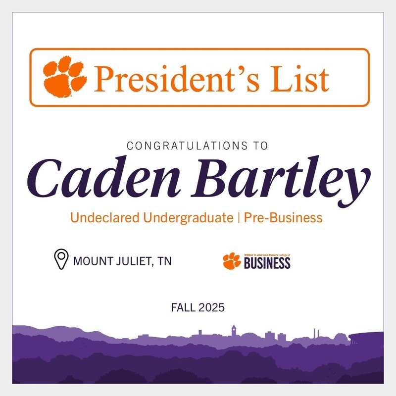 Clemson President's List recognition, Fall 2025