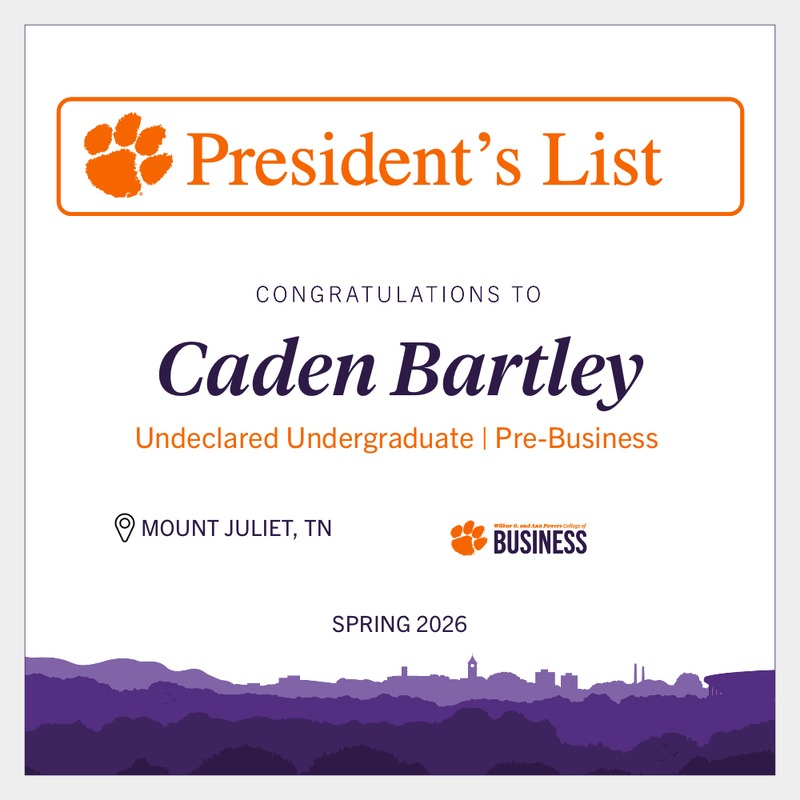 Clemson President's List recognition, Spring 2026